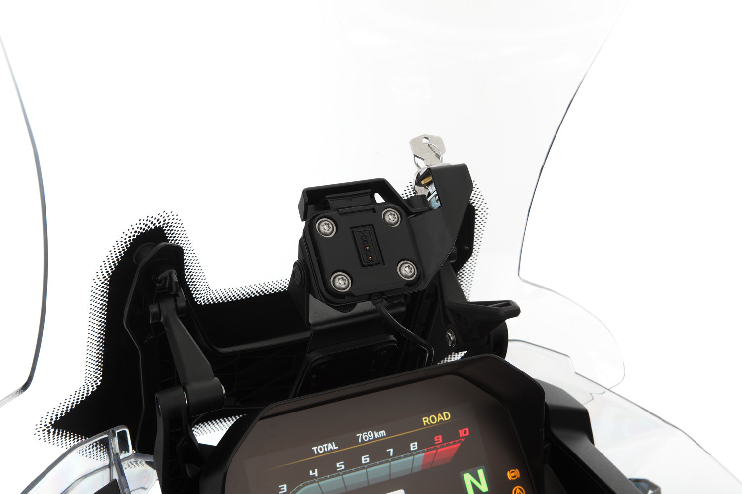 This security kit is mounted on the Garmin Zumo XT navigation mounting and prevents unauthorised access to the expensive device.