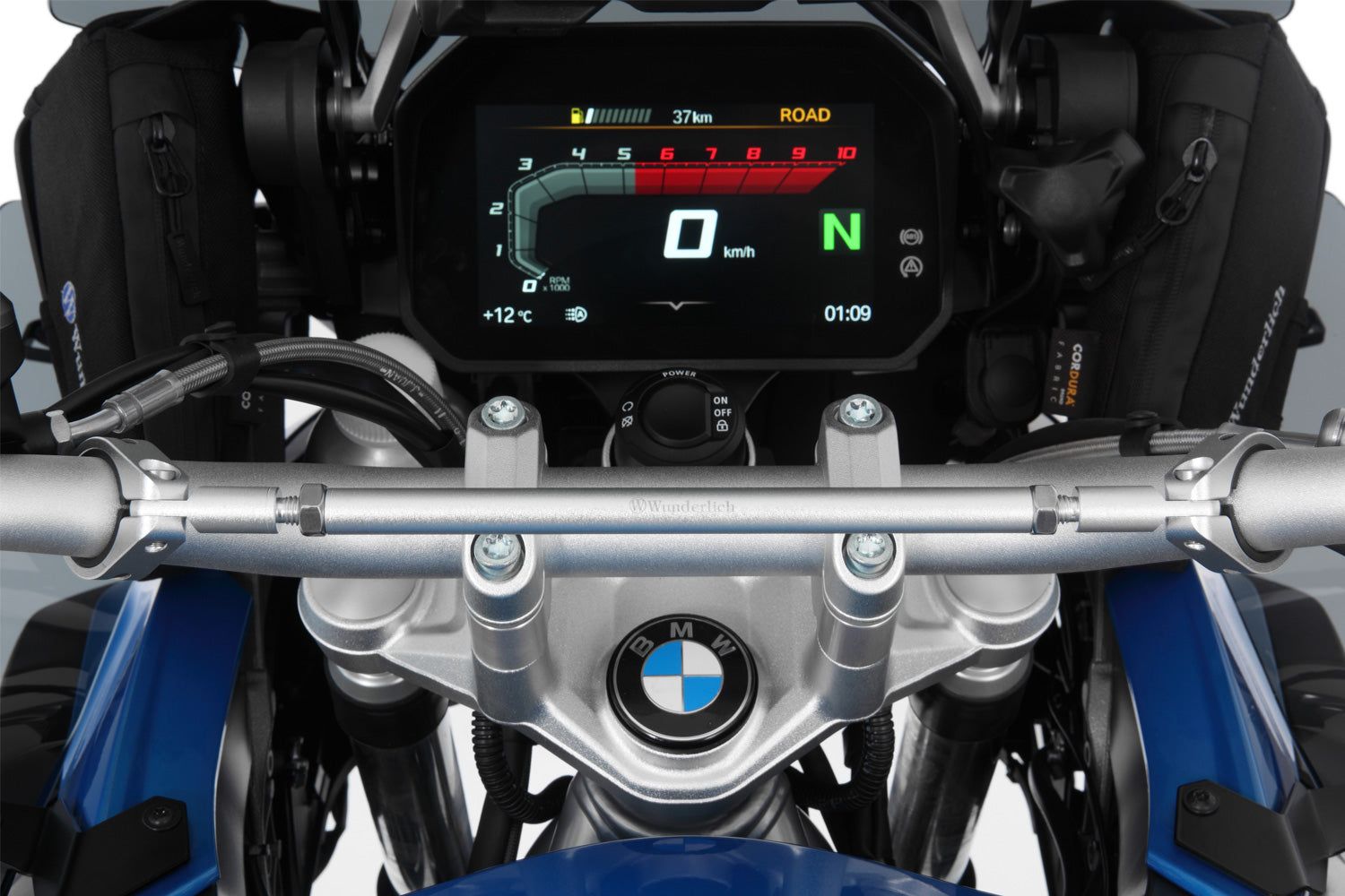 Silver-colored handlebar center strut for BMW made of aluminum