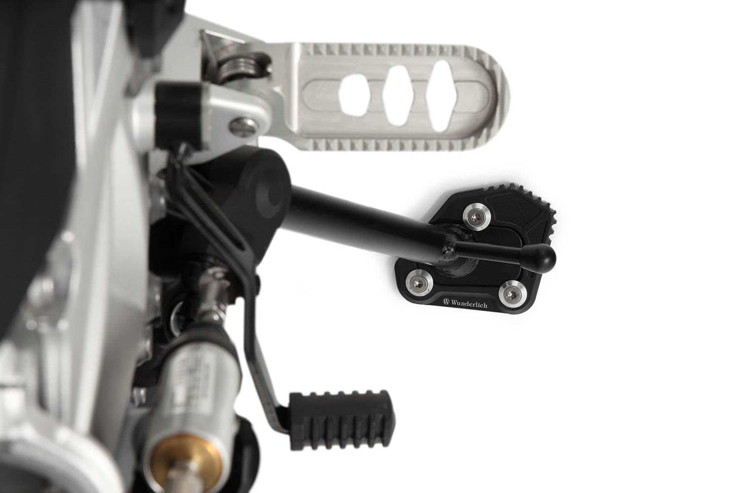 Wunderlich BMW F 850 GS side stand enlarger for secure stand against tilting and falling over even when fully loaded.