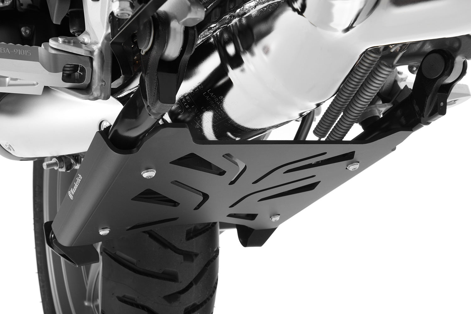 Wunderlich centre stand protection plate for BMW R1200GS LC in black, protects the centre stand even during heavy off-road use.