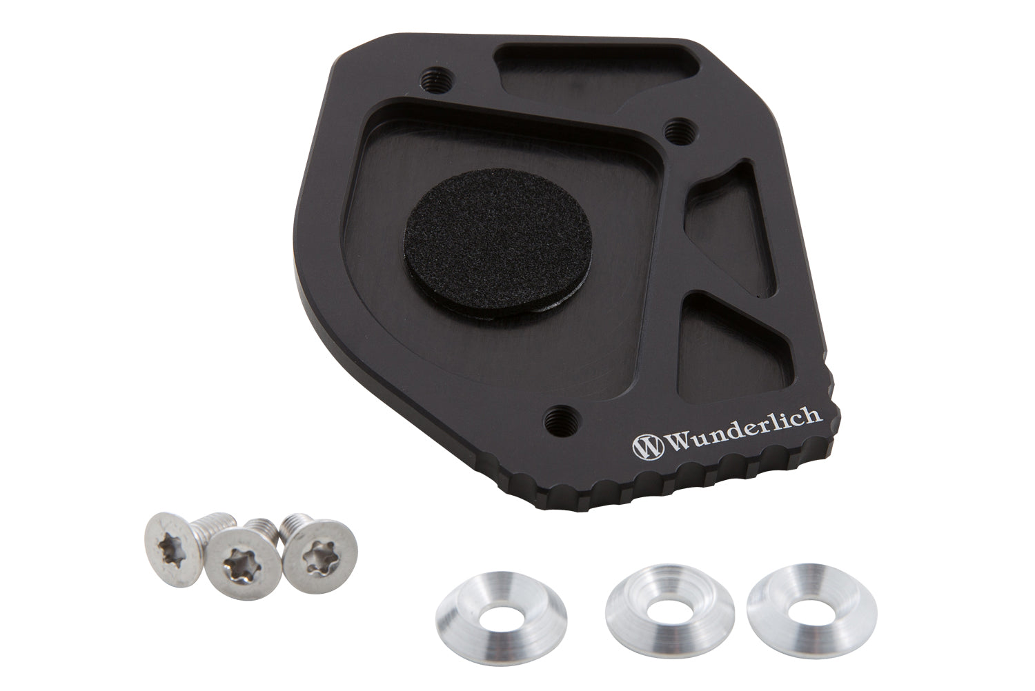 A BMW GS supported on the side stand can easily get bogged down.The Wunderlich sidestand enlarger eliminates this risk.