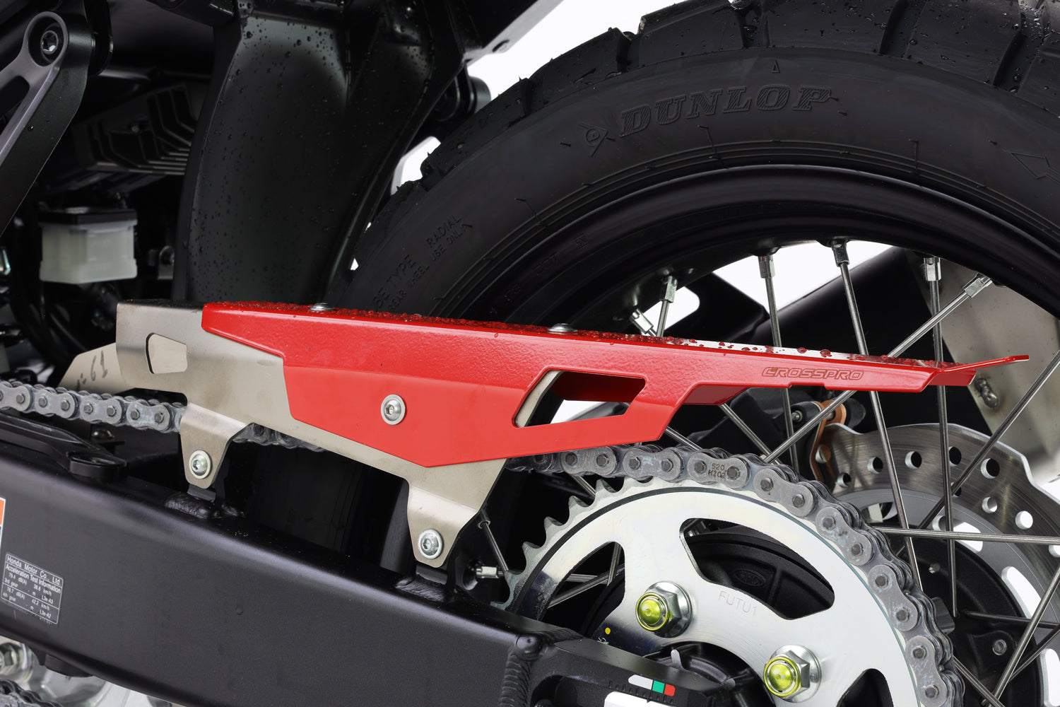 Crosspro - Chain Guard For Honda CRF 1100L Africa Twin, CRF 1100L Africa Twin Adventure Sports, CRF 1100L Africa Twin Adventure Sports DCT, CRF 1100L Africa Twin DCT, XL 750 Transalp-Brushed stainless steel / Red