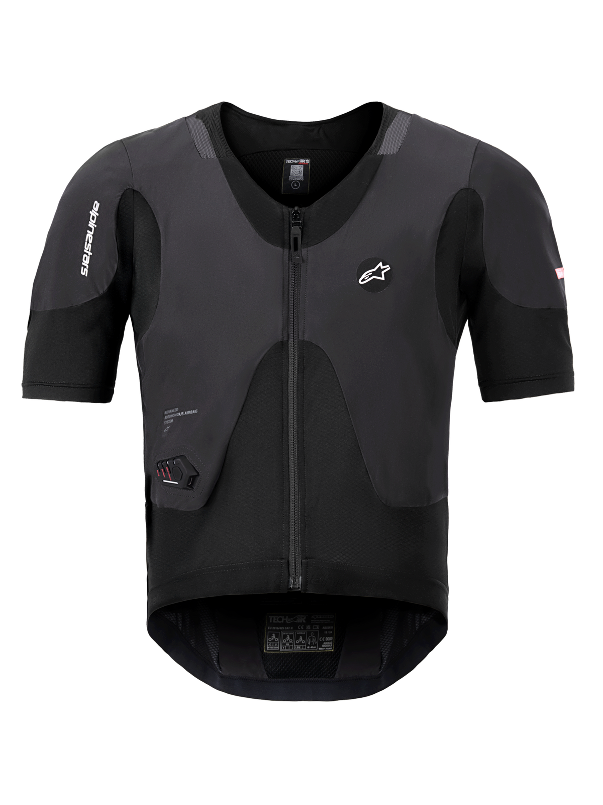 Alpinestars Tech-Air 5 Plasma System, black airbag vest, front view showing short sleeves, central zipper and integrated LED status display