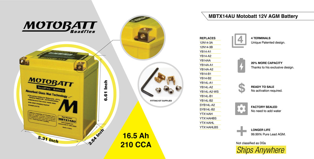 Motobatt - Quadflex 12V AGM Battery MBTX14AU