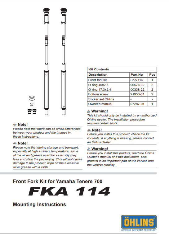 ÖHLINS - Adventure Cartridge Kit for Yamaha Tenere T700 (FKA 114)