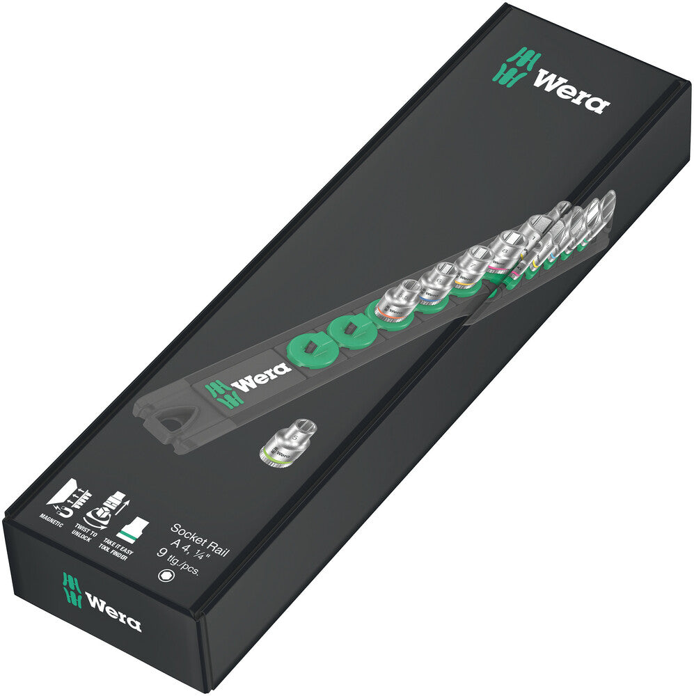 Wera Tools - Magnetic socket rail A 4 Zyklop socket set, 1/4" drive