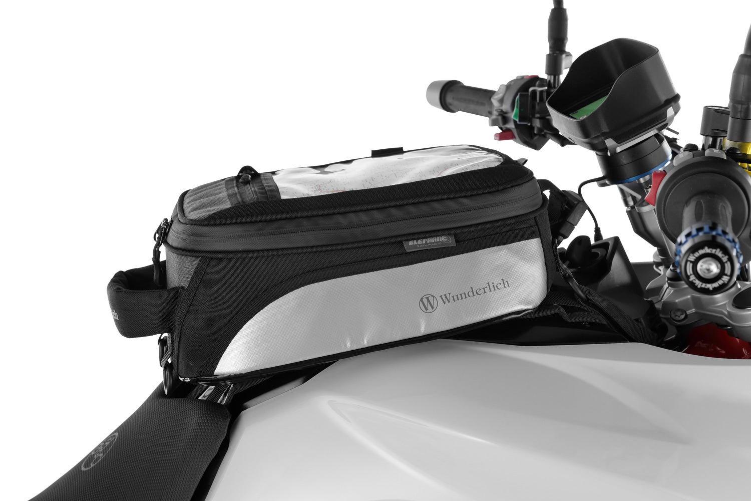The mounting system is attached to the vehicle with minimal hand pressure and the tank bag can be quickly fastened to it. 