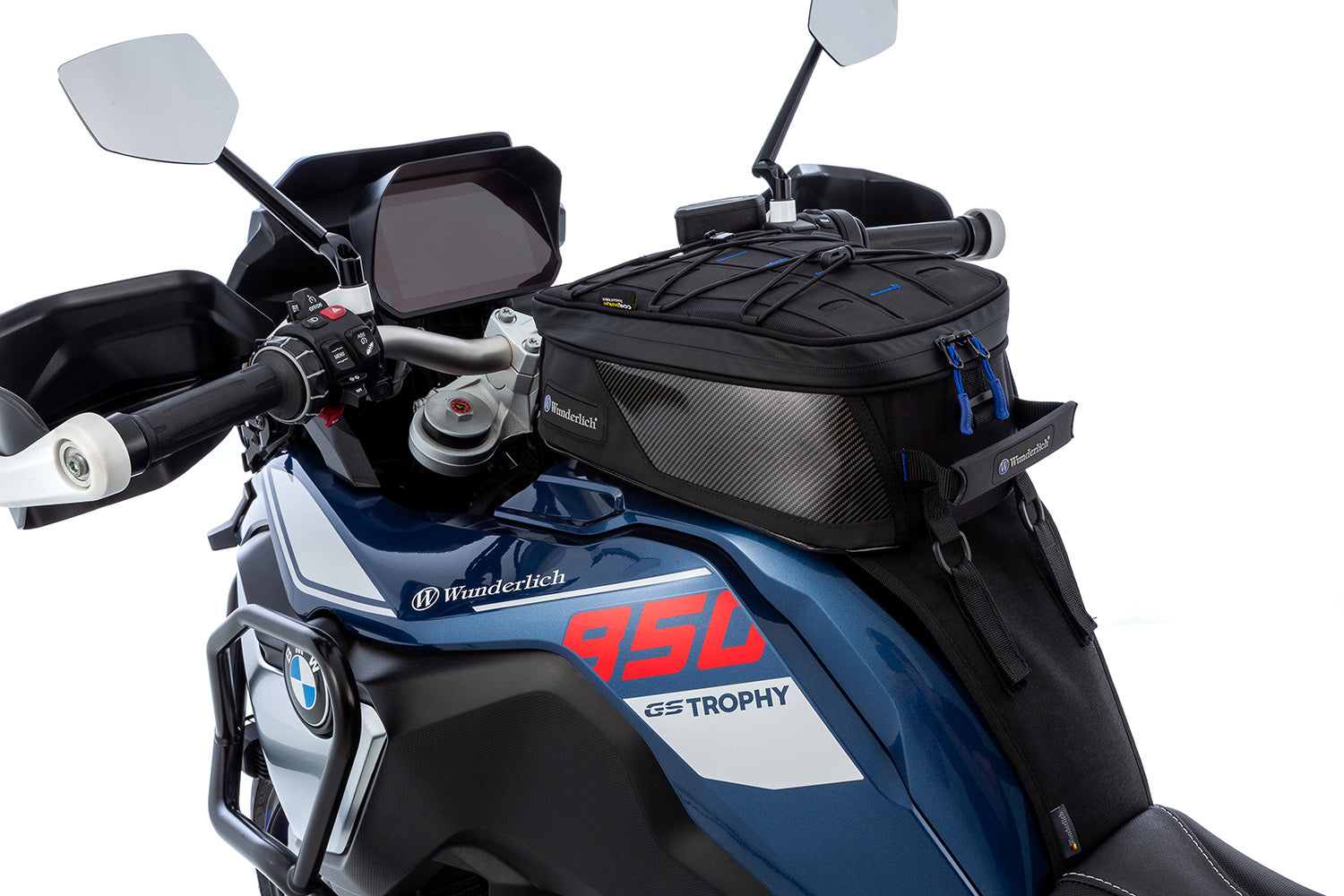 The mounting system is attached to the vehicle with minimal hand pressure and the tank bag can be quickly fastened to it. 