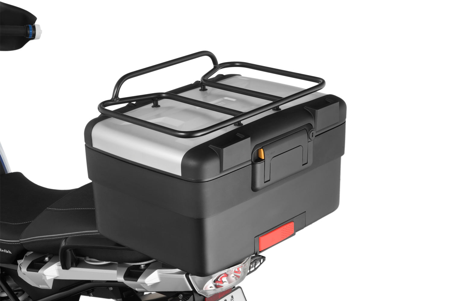 The robust black topcase rack for R 1200 GS allows you to carry additional luggage.