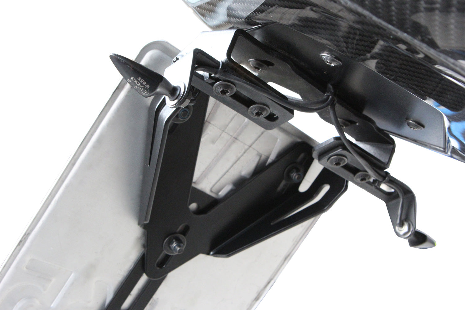 The set includes two high-quality indicator brackets made of black anodised aluminium