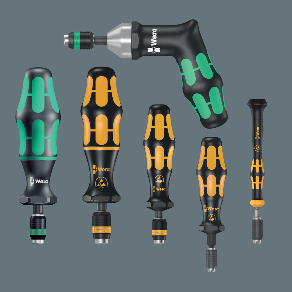 Wera Tools - 7400 series Kraftform Torque screwdrivers, with factory pre-set value (0.1-1.5 Nm) and Rapidaptor quick-release chuck, handle size 89 mm