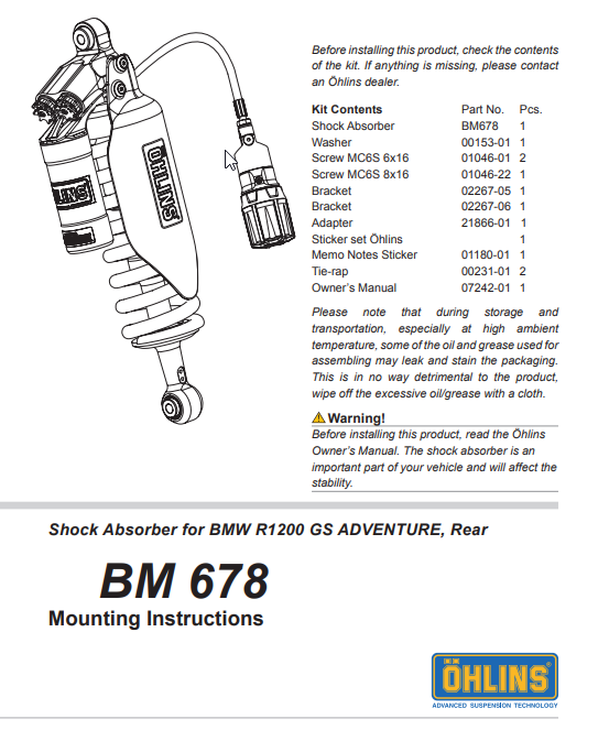 ÖHLINS -  Adventure TTX39 Shock REAR - for BMW R 1200 GS Adventure (2006 to 2013) (BM 678)