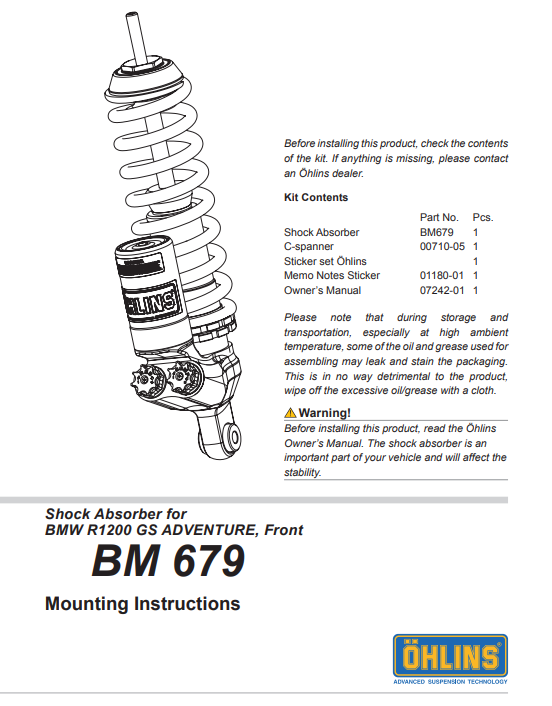 ÖHLINS -  Adventure TTX Shock FRONT- for BMW R 1200 GS Adventure (2006 to 2016) (BM 679)